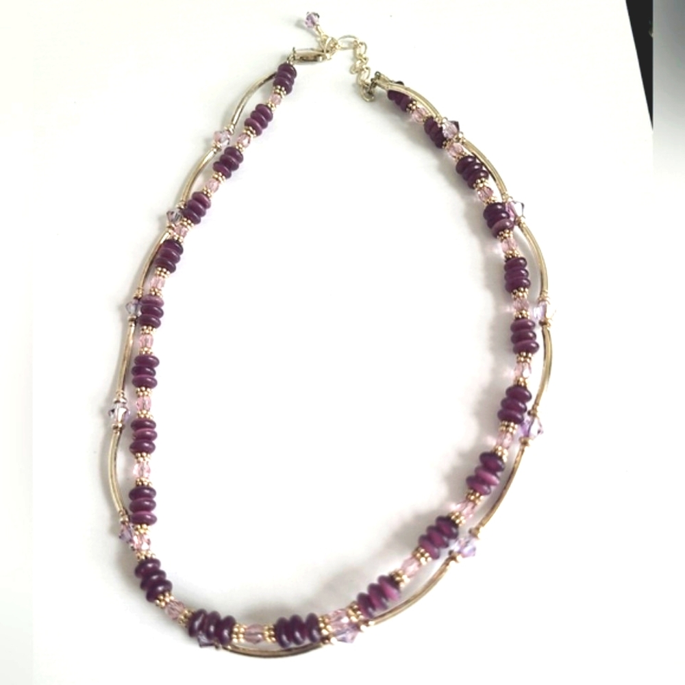 Vintage 90s Sterling Silver Boho Purple Beaded Crystal Choker 2 Layer Necklace